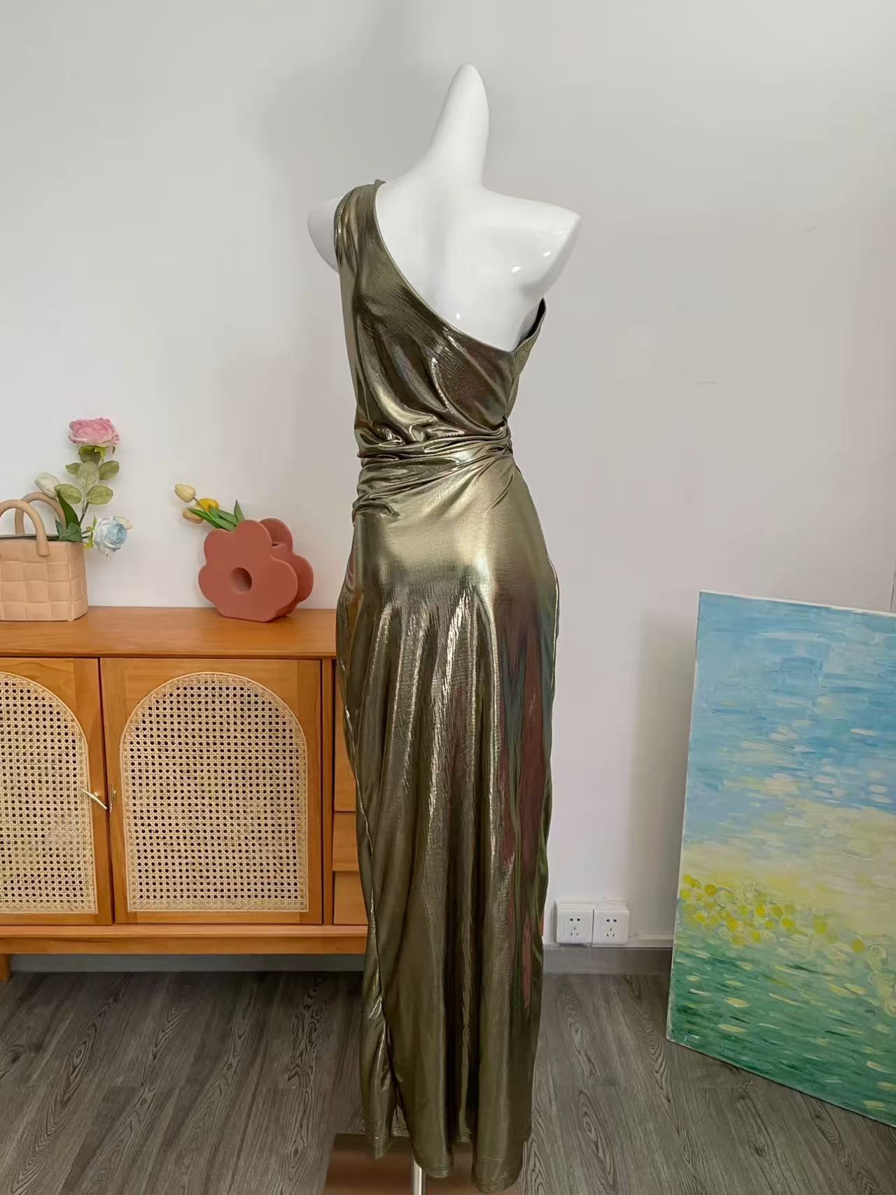Gold Metallic Maxi Dress High Slit Gown