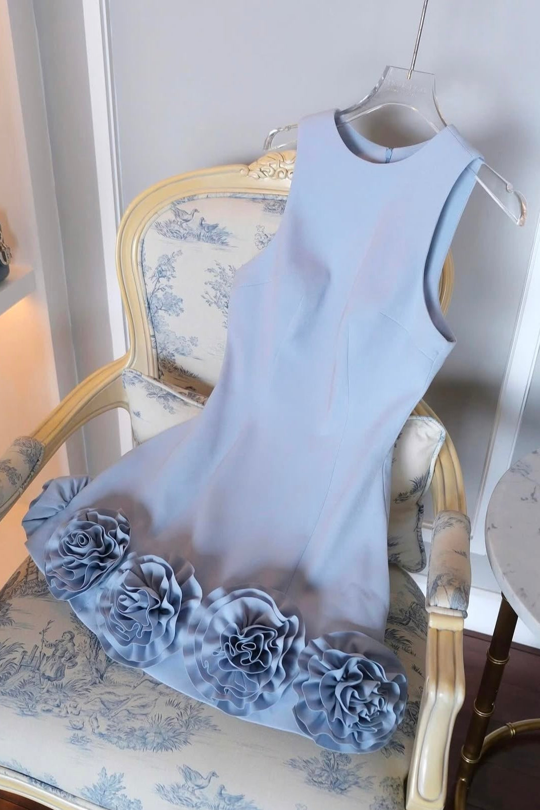 Azure 3D Flower Mini Dress In Blue
