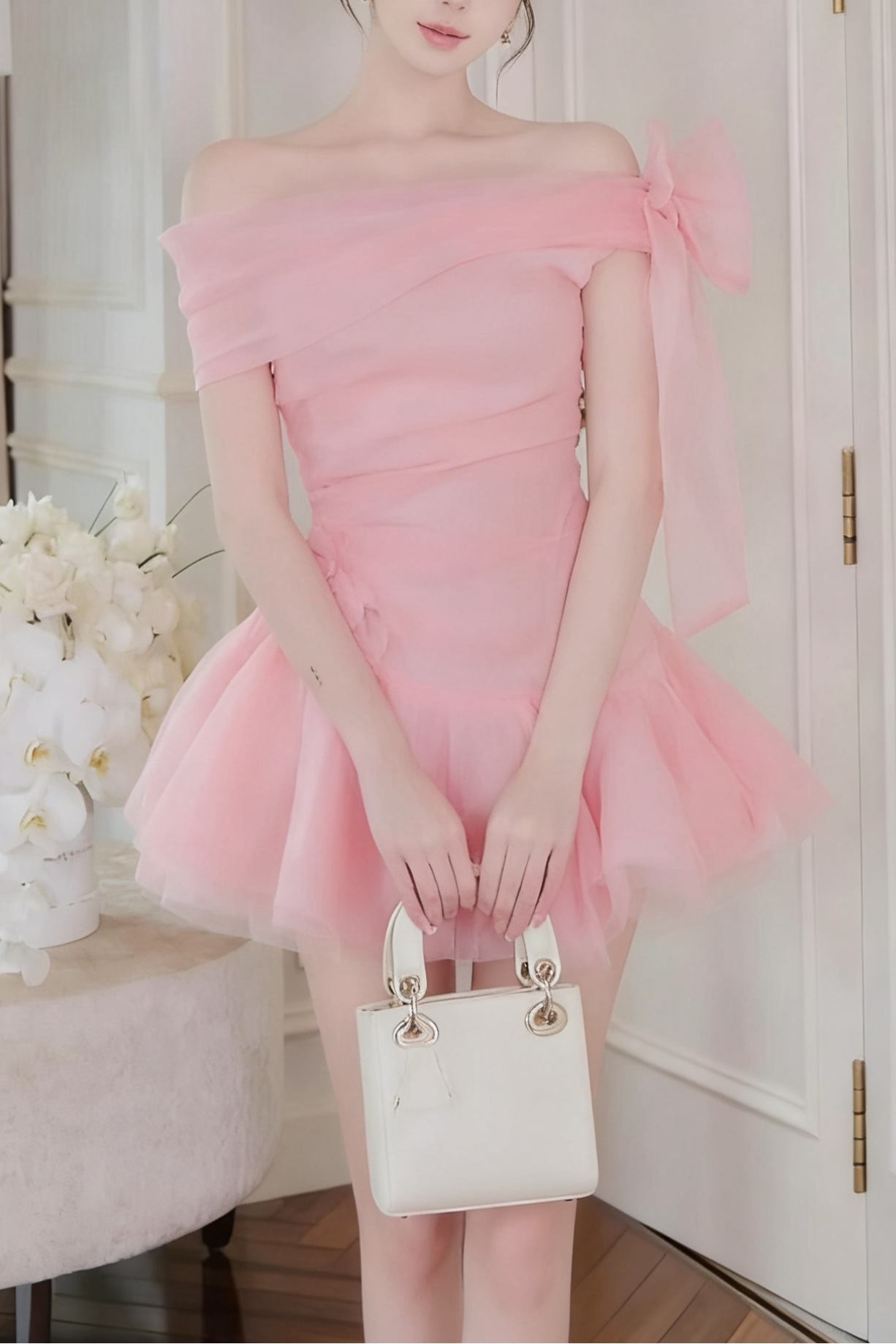 ellen off-shoulder Mesh Tulle Tutu mini dress in pink