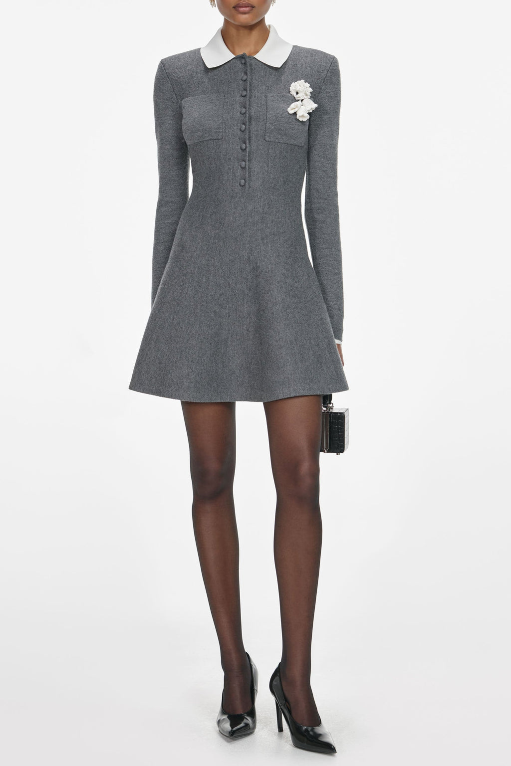winni Grey Crochet Flower Collared Knit Mini Dress