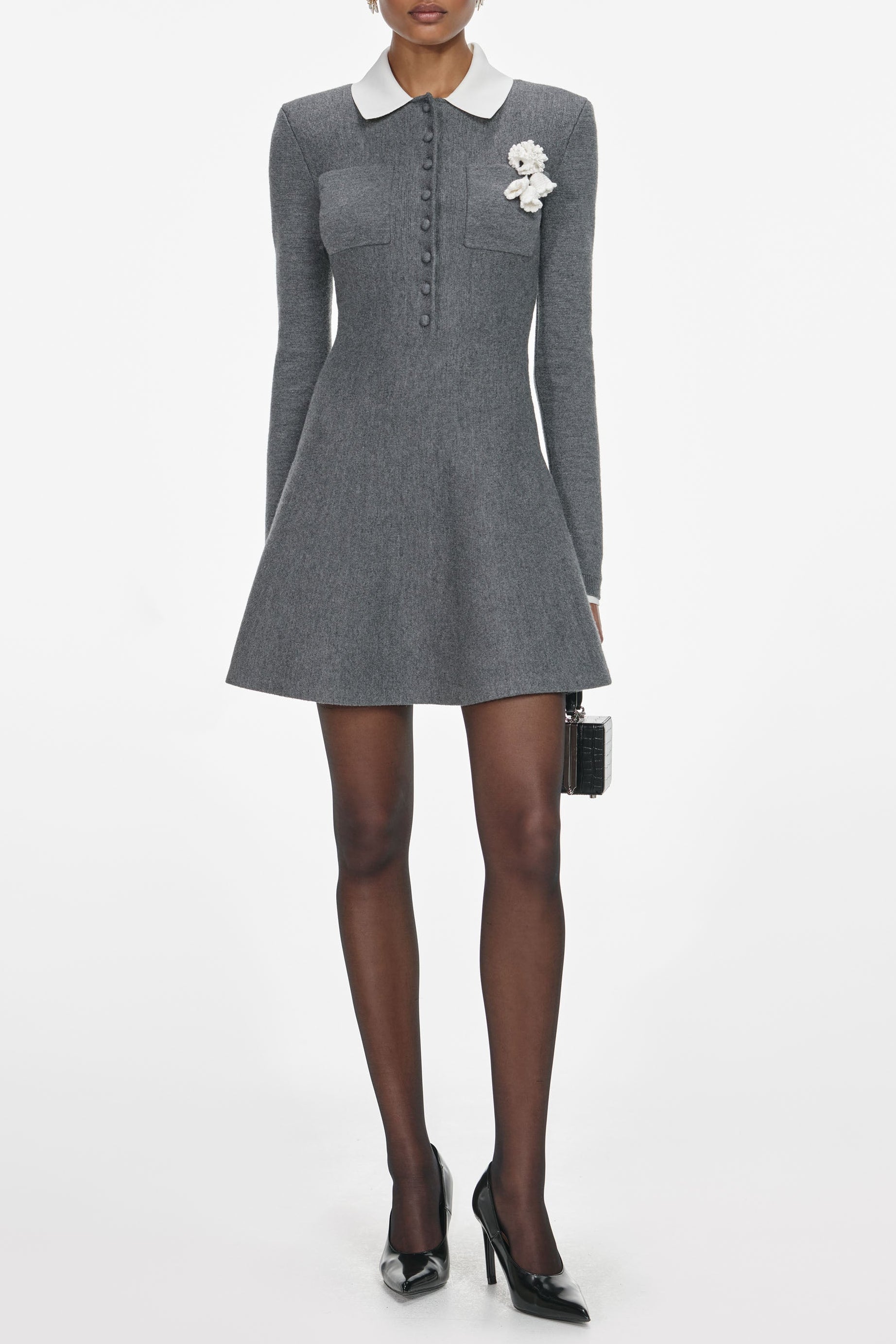 winni Grey Crochet Flower Collared Knit Mini Dress