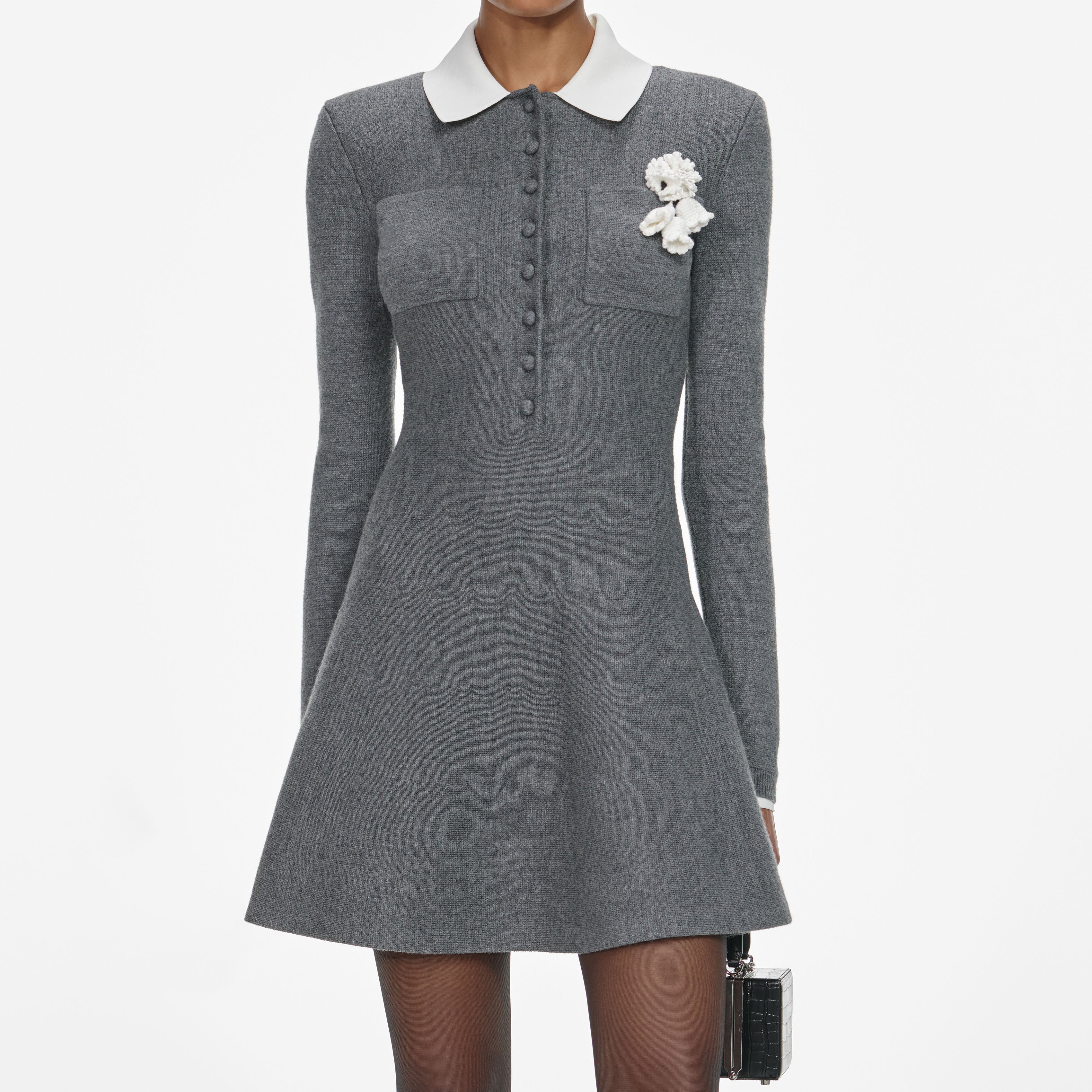 winni Grey Crochet Flower Collared Knit Mini Dress