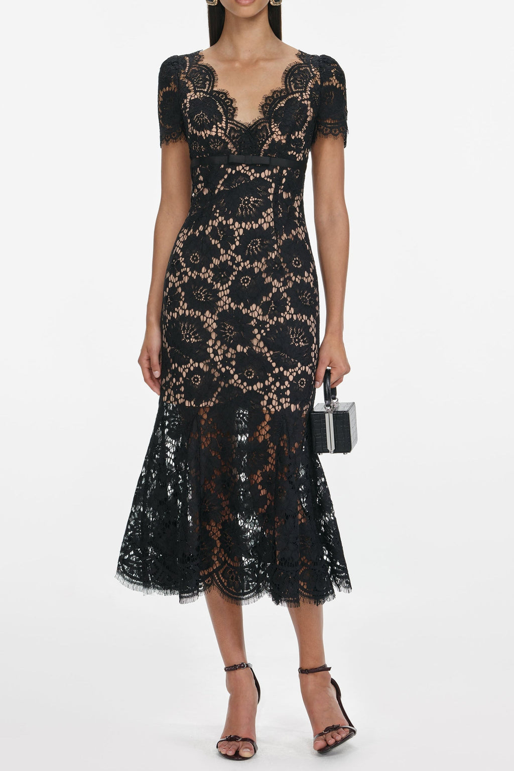 ashley Floral Lace hollow Midi Dress in black