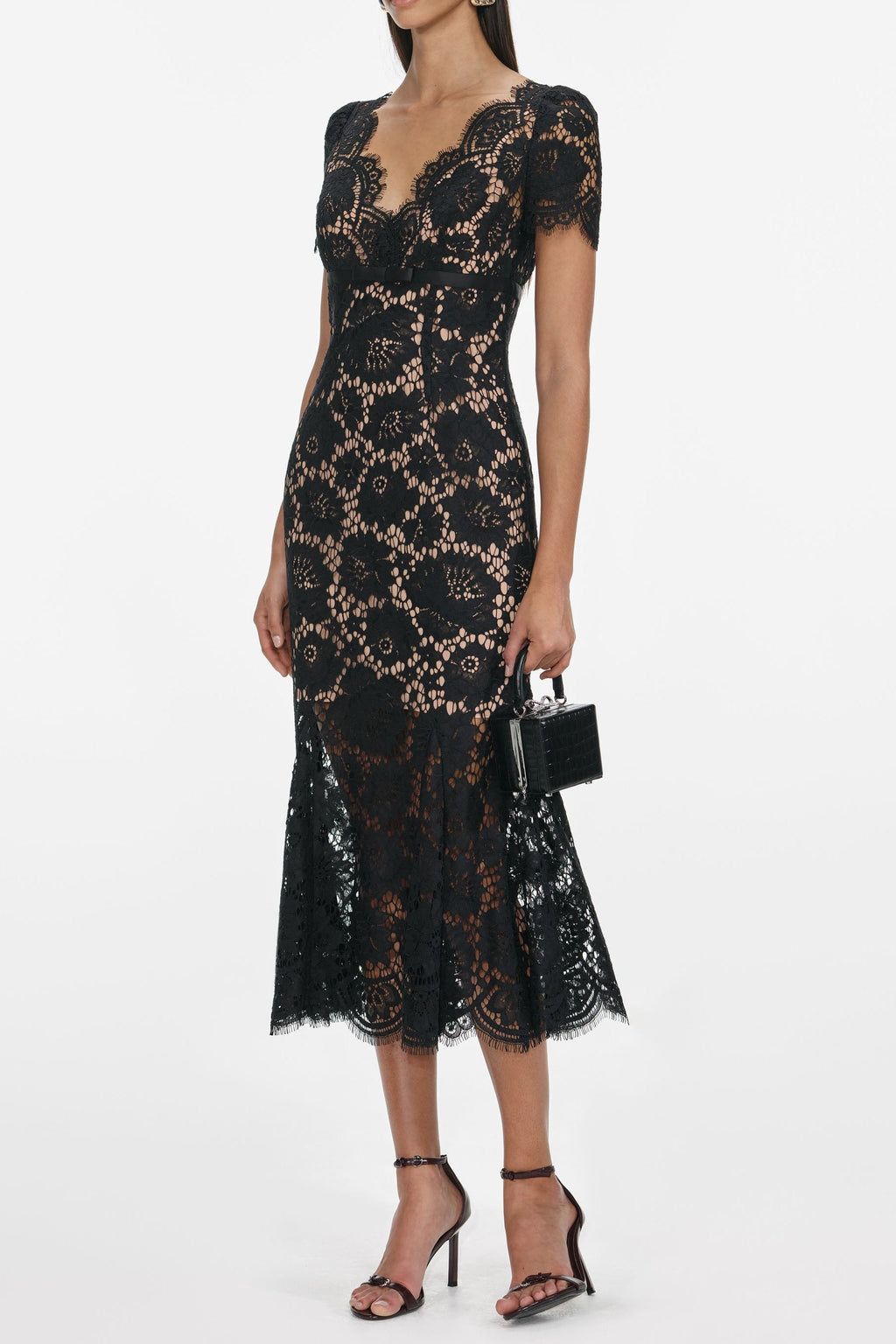 ashley Floral Lace hollow Midi Dress in black