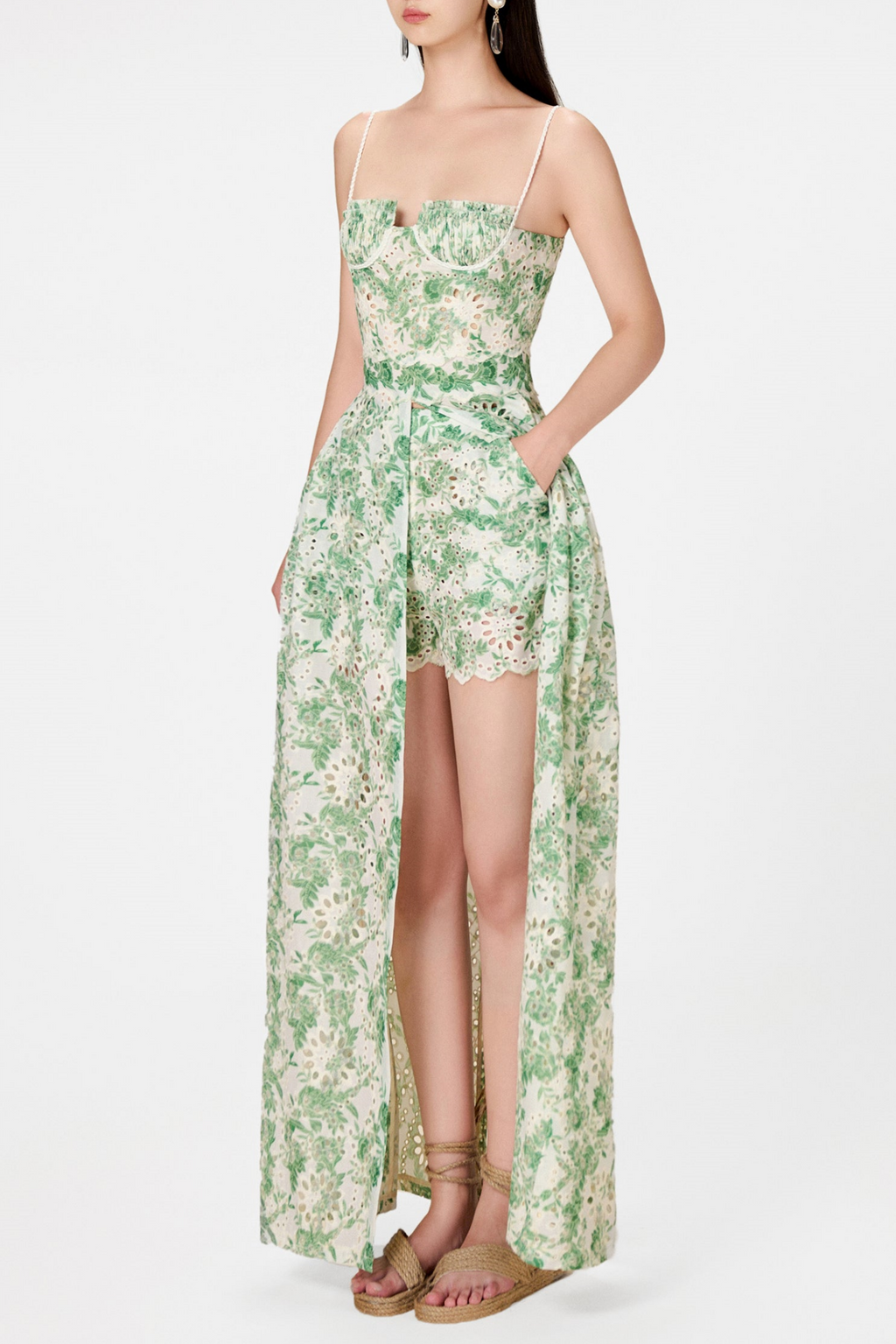 Abetzi Floral Embroidered Shorts & Maxi Dress Set - Green