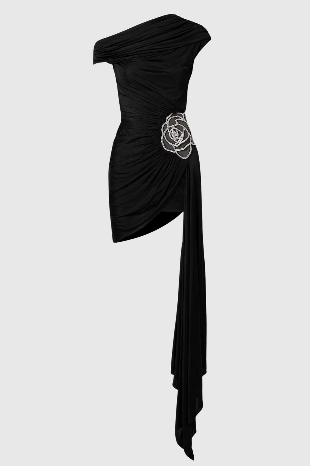 Janett One Shoulder Floral Embellished Mini Dress - Black