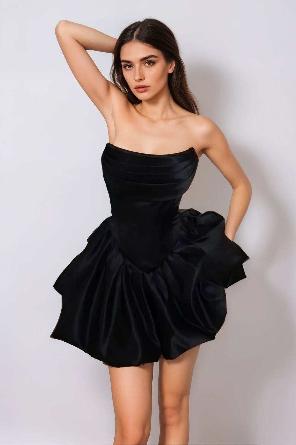 Angela Strapless Ruch Ruffle Satin Mini Dress In Black