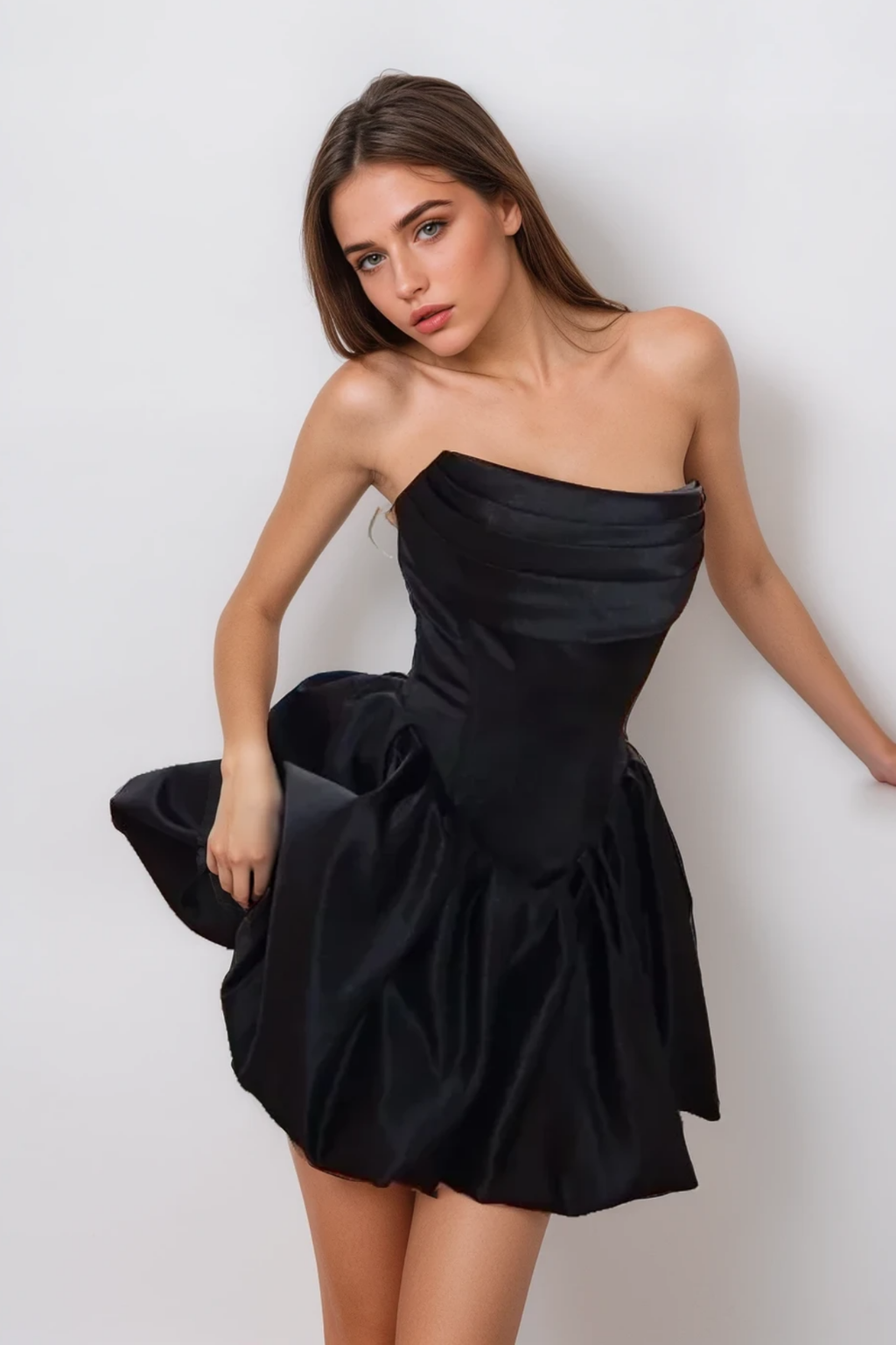 Angela Strapless Ruch Ruffle Satin Mini Dress In Black