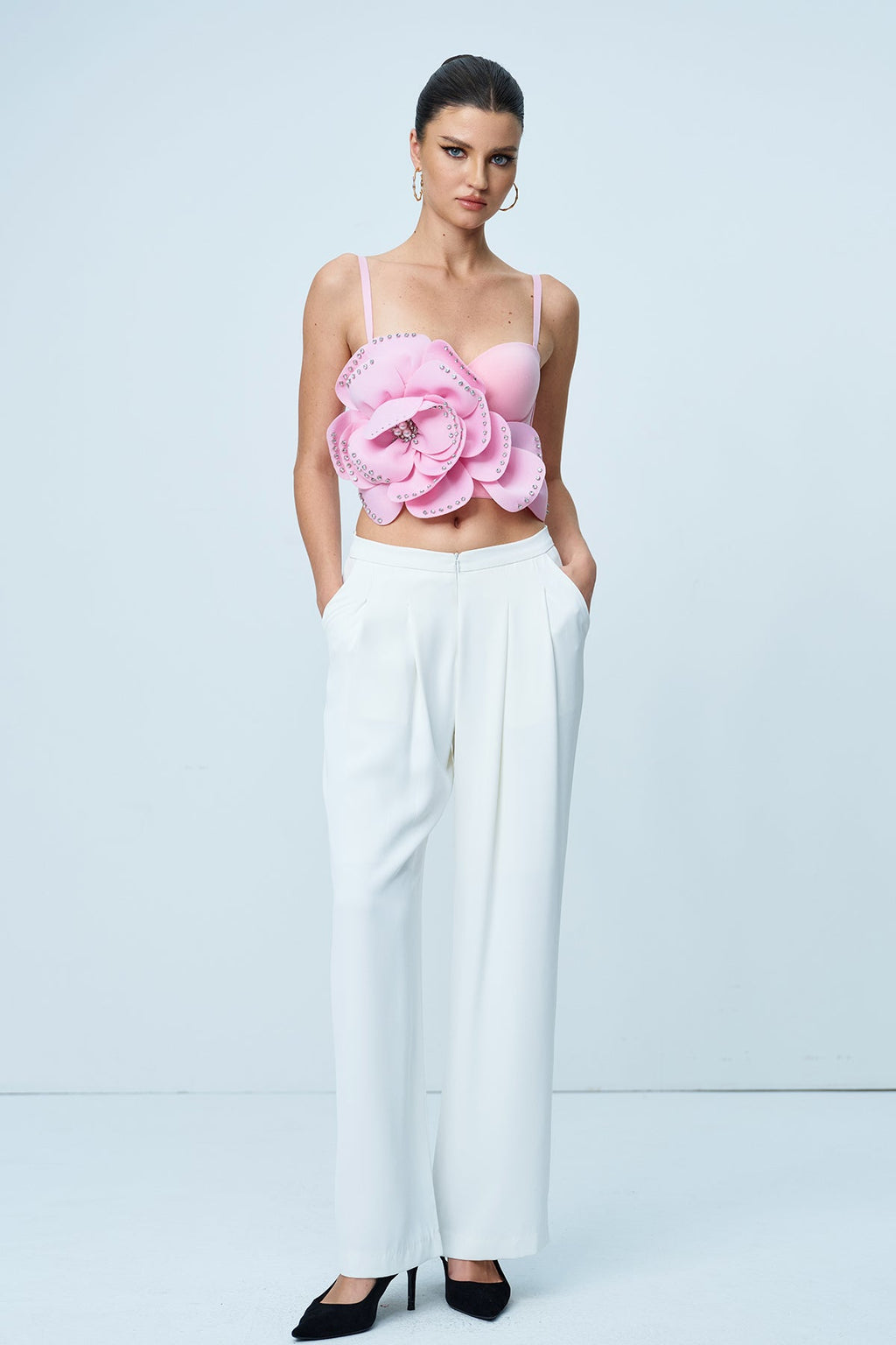 Anjanette Flower Spaghetti Rhinestone Top In Pink