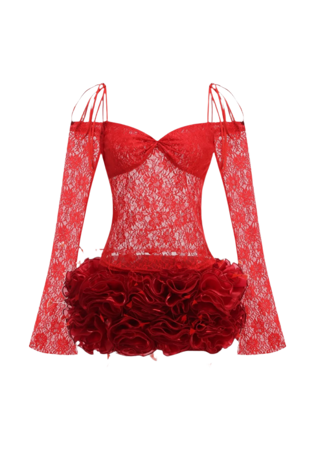 Lace Floral Appliqué Two Piece Set - Red