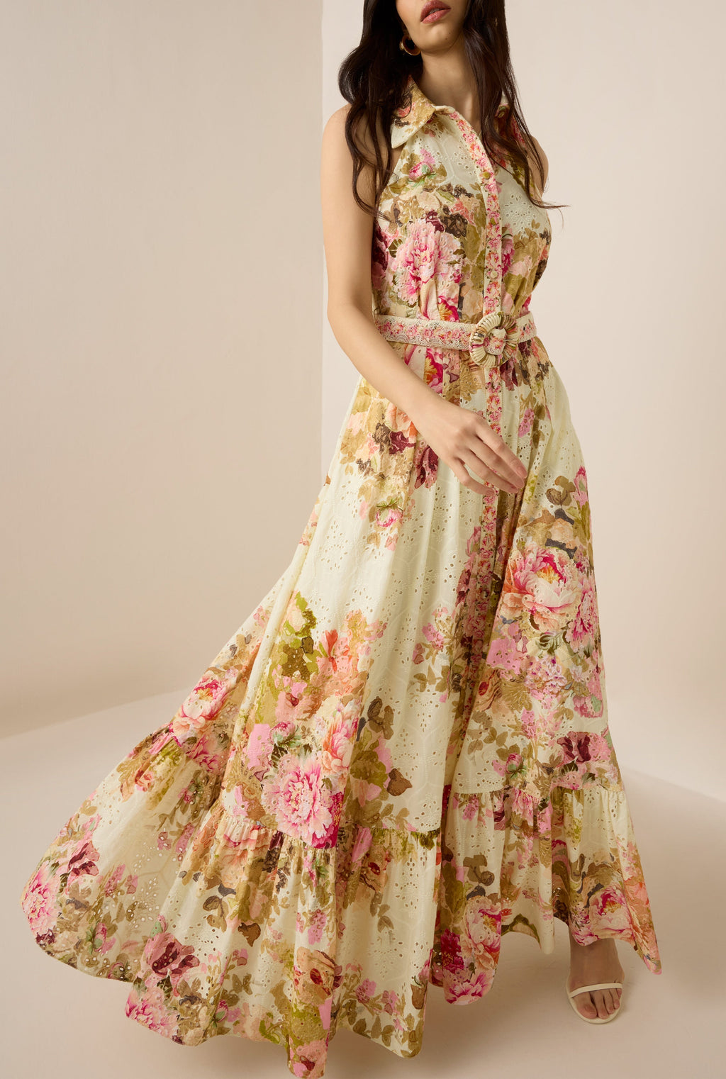 multicolor embroidery print maxi shirt dress