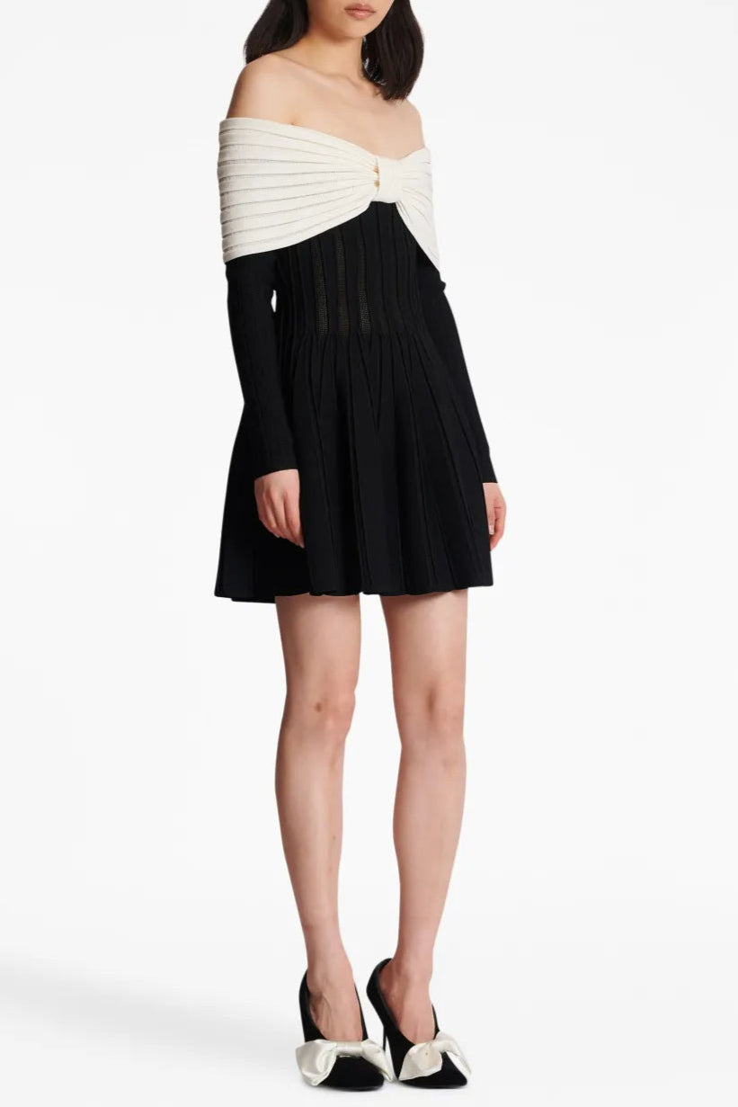 Justine black off-shoulder bow knit mini dress
