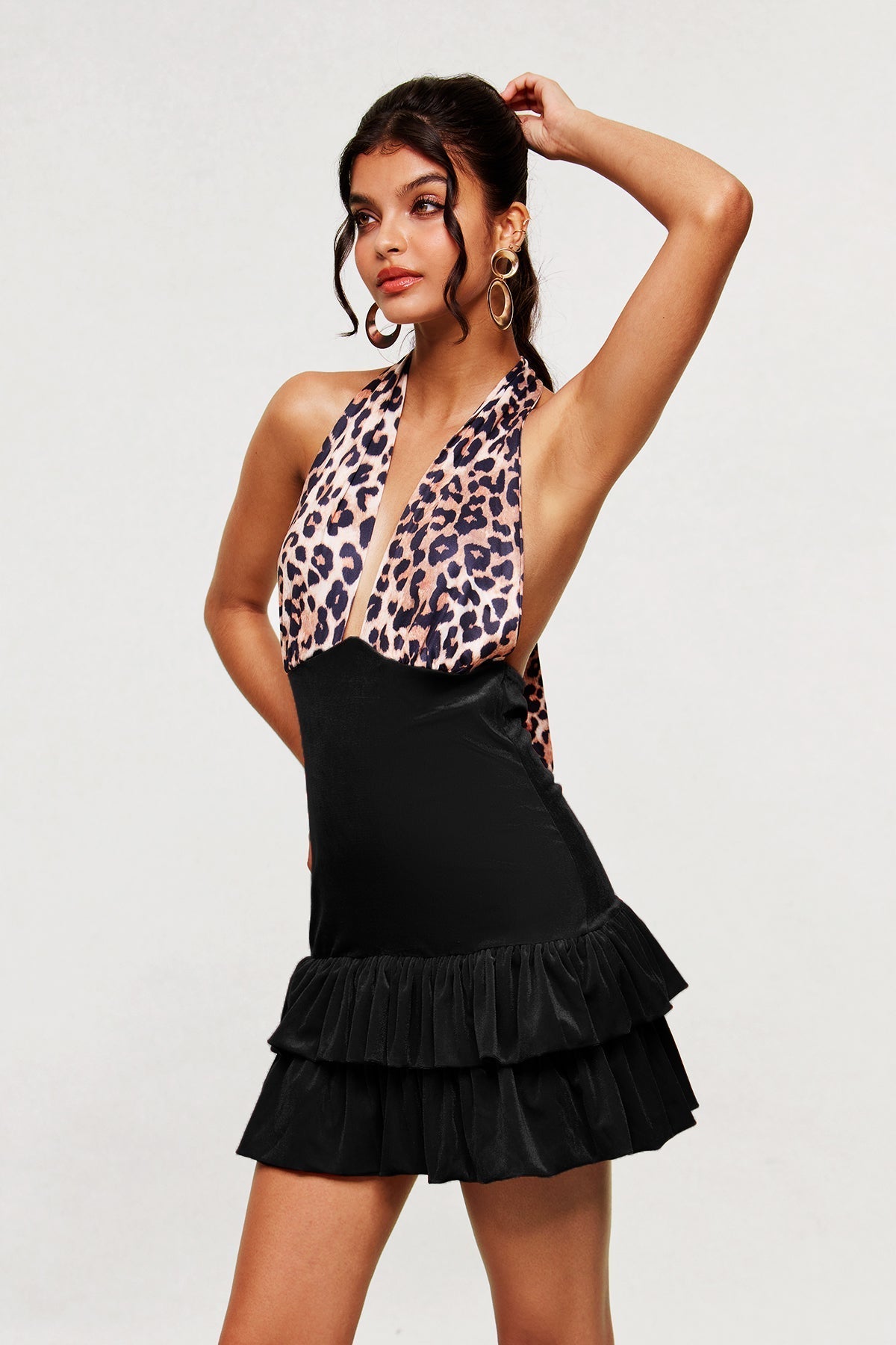 marguerite Leopard Plunge Ruffle Mini Dress In Black