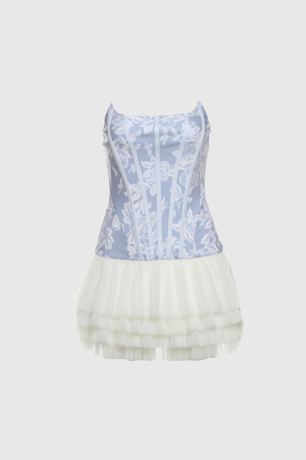 Beda Strapless Floral Mesh Ruch Mini Dress In Blue