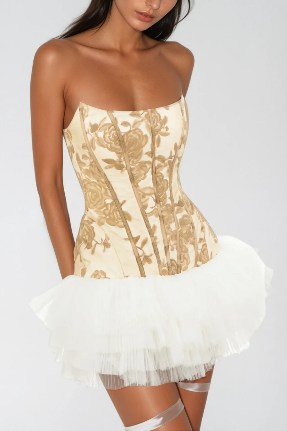 Beda Strapless Floral Mesh Ruch Mini Dress In Yellow