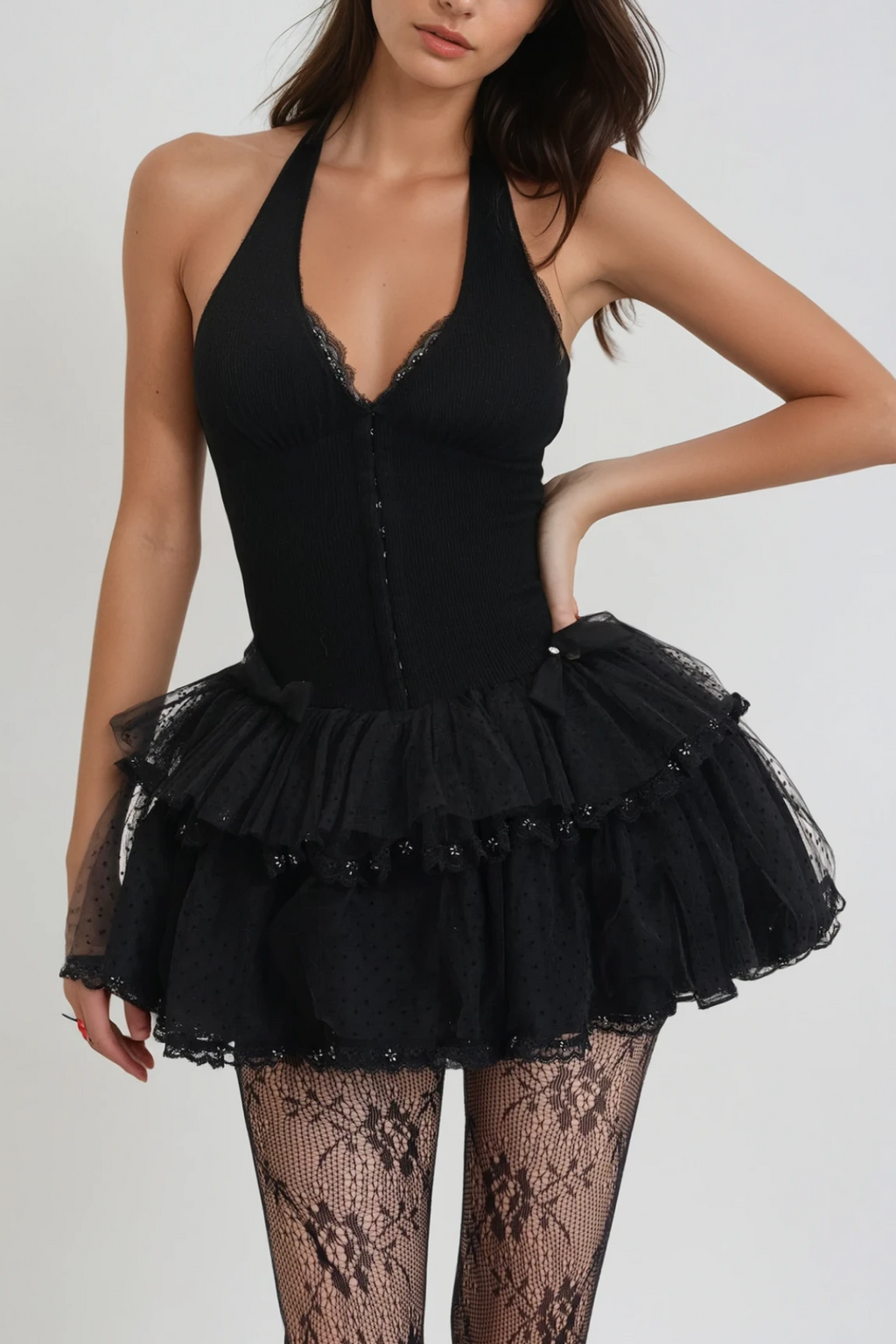 Mesh Halter Neck Corset Mini Dress in black