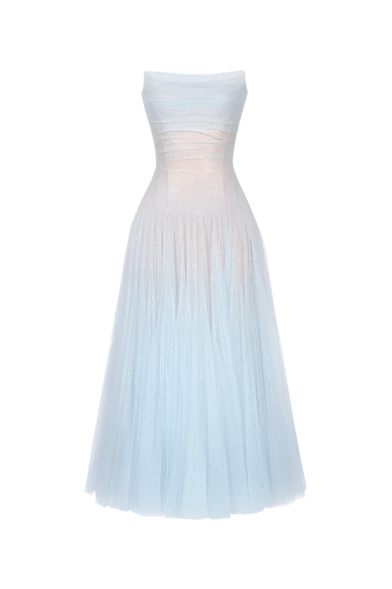 BLUE DRAPED LACE MIDI DRESS