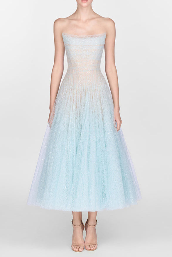 BLUE DRAPED LACE MIDI DRESS