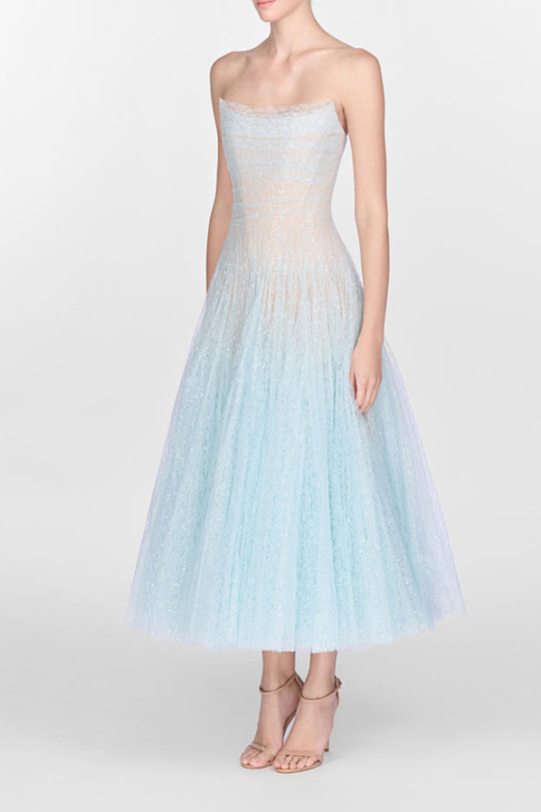 BLUE DRAPED LACE MIDI DRESS