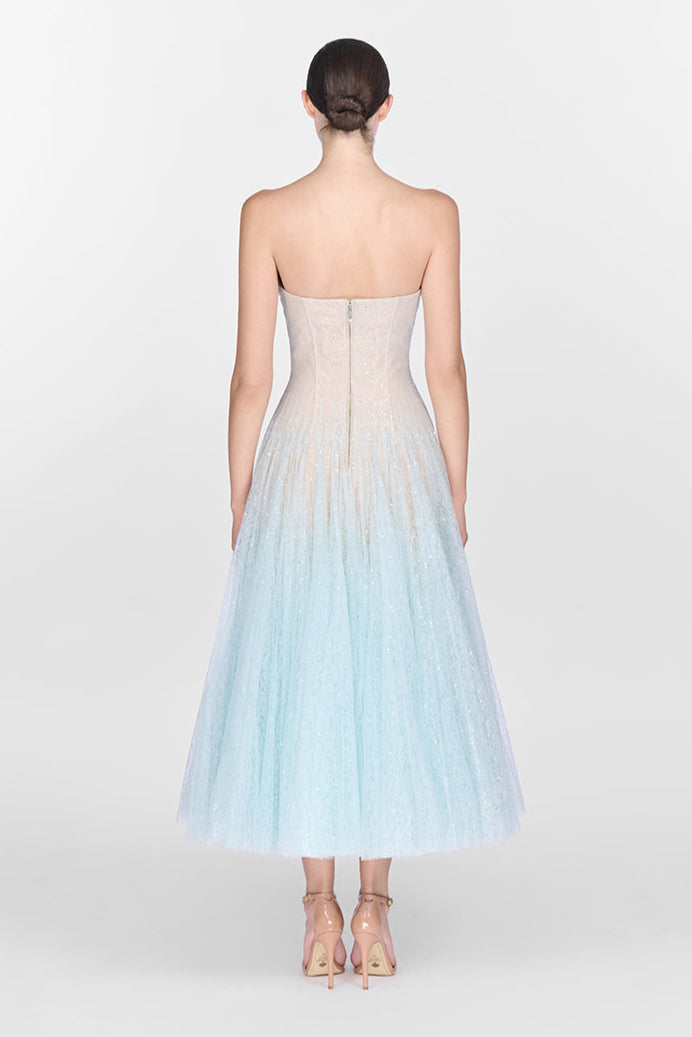 BLUE DRAPED LACE MIDI DRESS