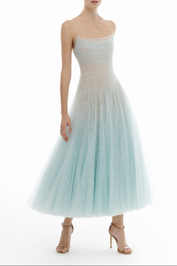 BLUE DRAPED LACE MIDI DRESS