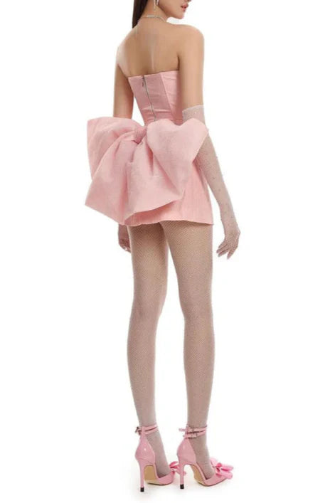 back bowknot embellished skirt suit in pink