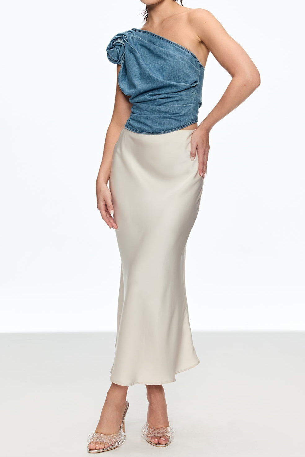 florence one Shoulder Flower Top in blue