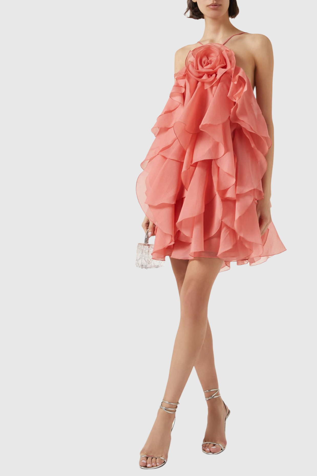 lorraine Halter Floral Ruffle Layered Mini Dress in Orange