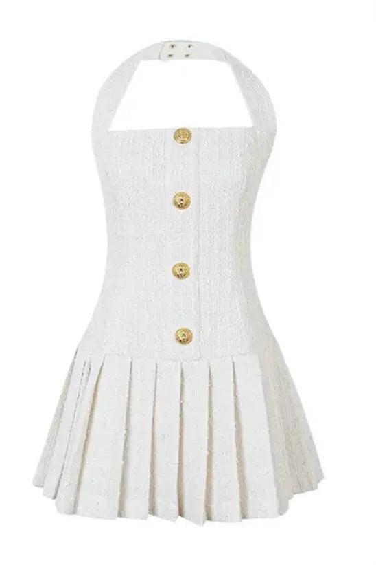 CHRISTINE HALTERNECK TWEED MINI DRESS