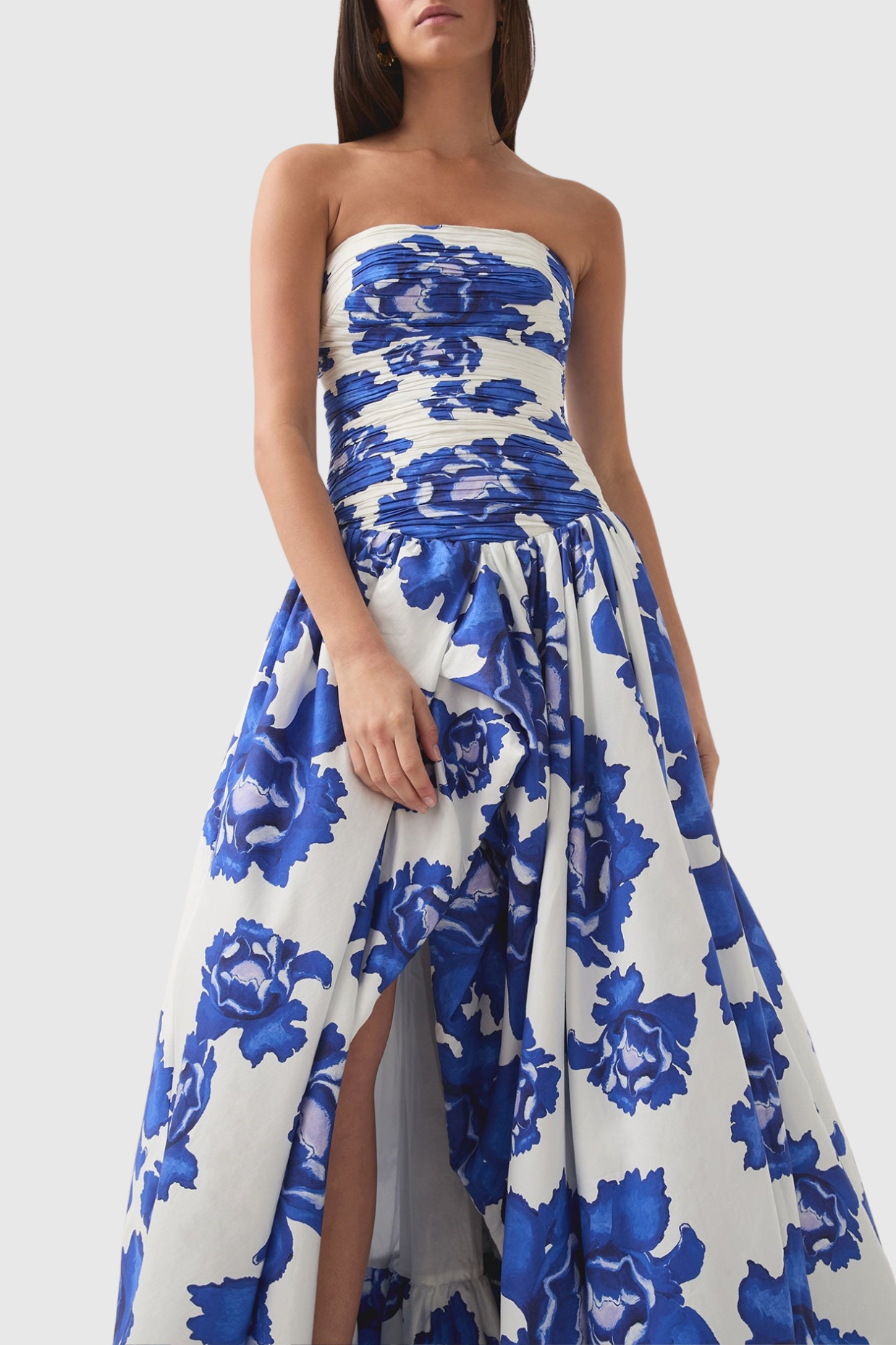 Coleka Floral Print Strapless Ruched Maxi Dress - Blue
