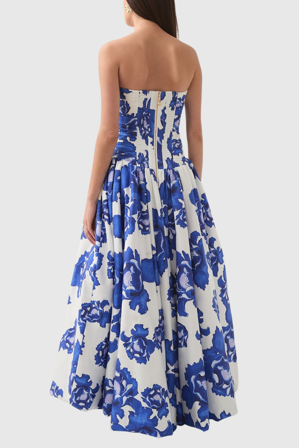 Coleka Floral Print Strapless Ruched Maxi Dress - Blue
