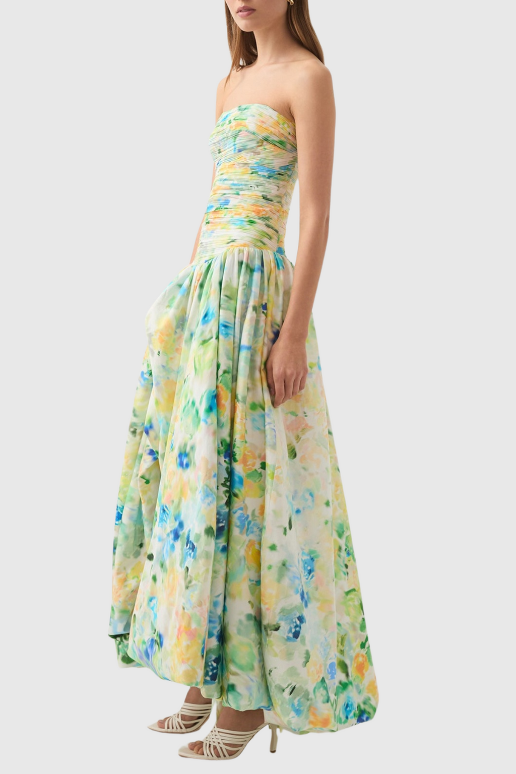 Coleka Floral Print Strapless Ruched Maxi Dress - Green