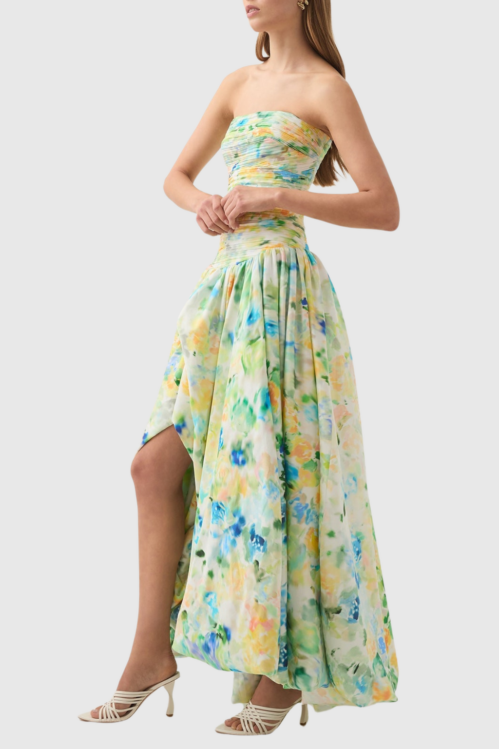Coleka Floral Print Strapless Ruched Maxi Dress - Green