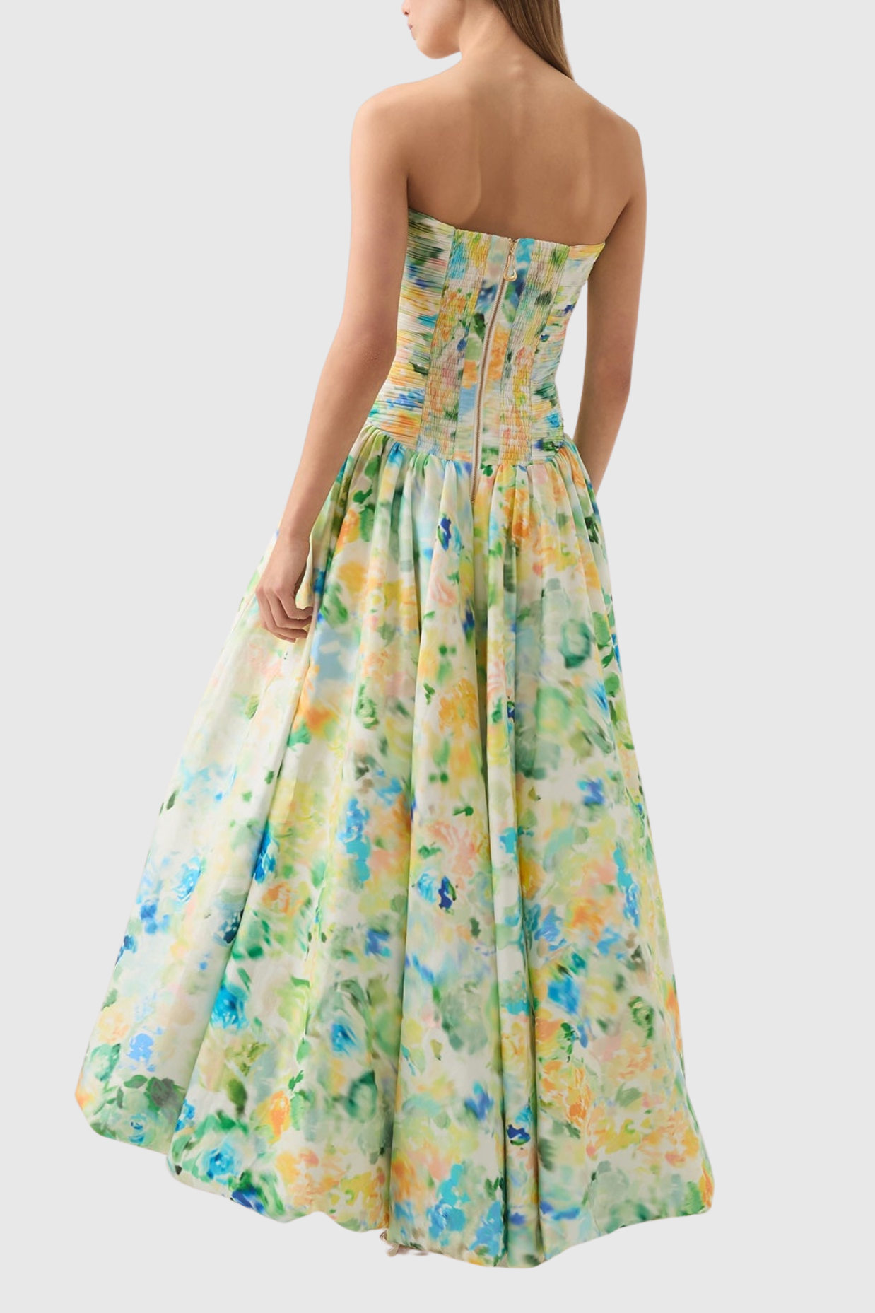 Coleka Floral Print Strapless Ruched Maxi Dress - Green