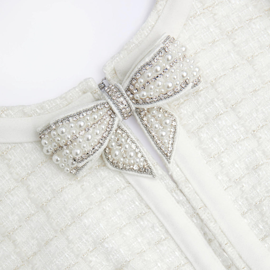 Cream Boucle Bow Mini Dress