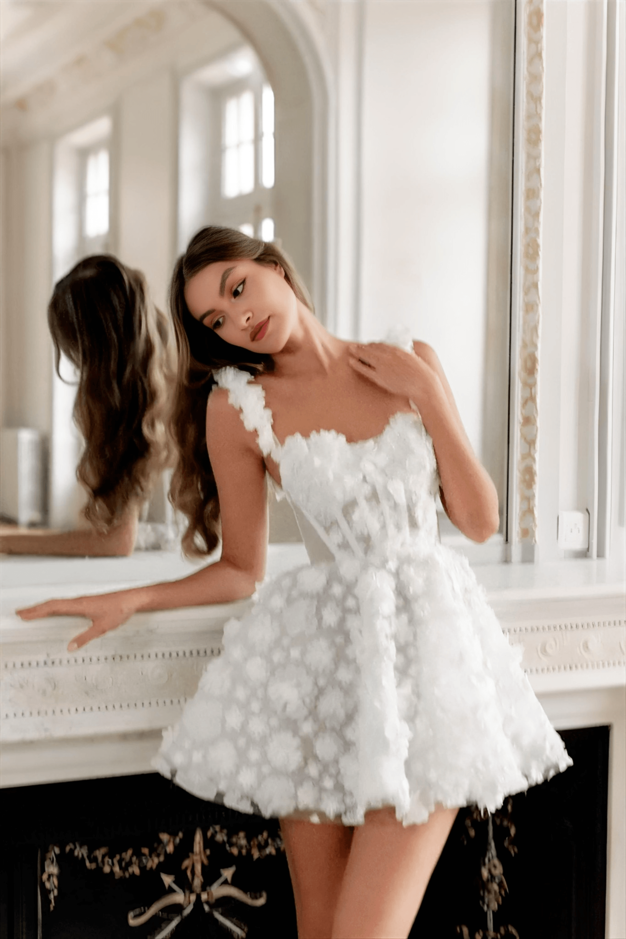 White Flower Lace Embroidery Lace-Up Spaghetti Strap Mini Dress