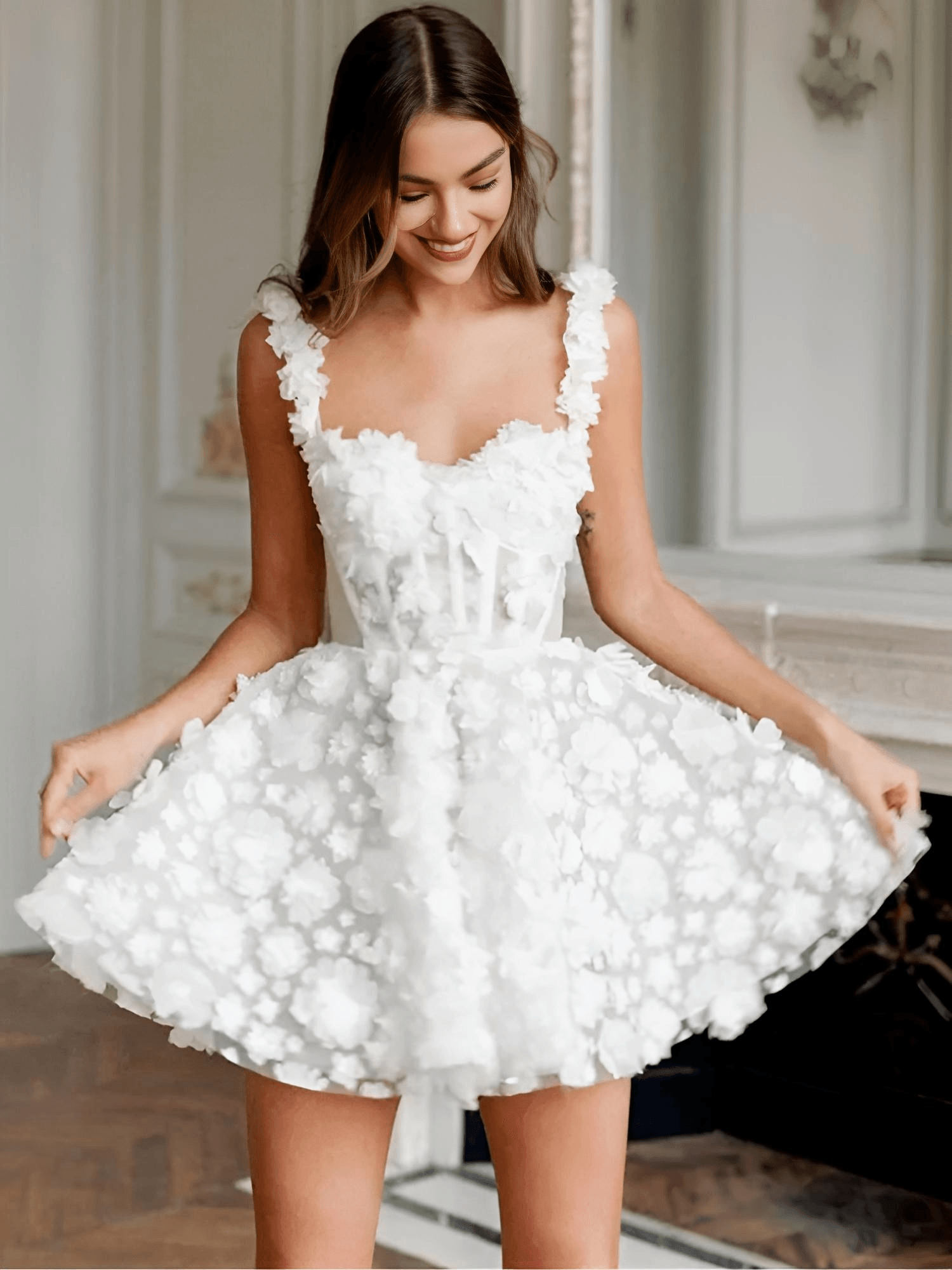 White Flower Lace Embroidery Lace-Up Spaghetti Strap Mini Dress