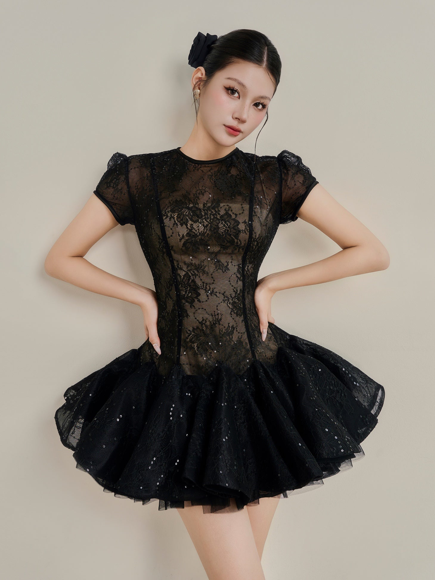 kelly sequin lace puffy mini dress in black