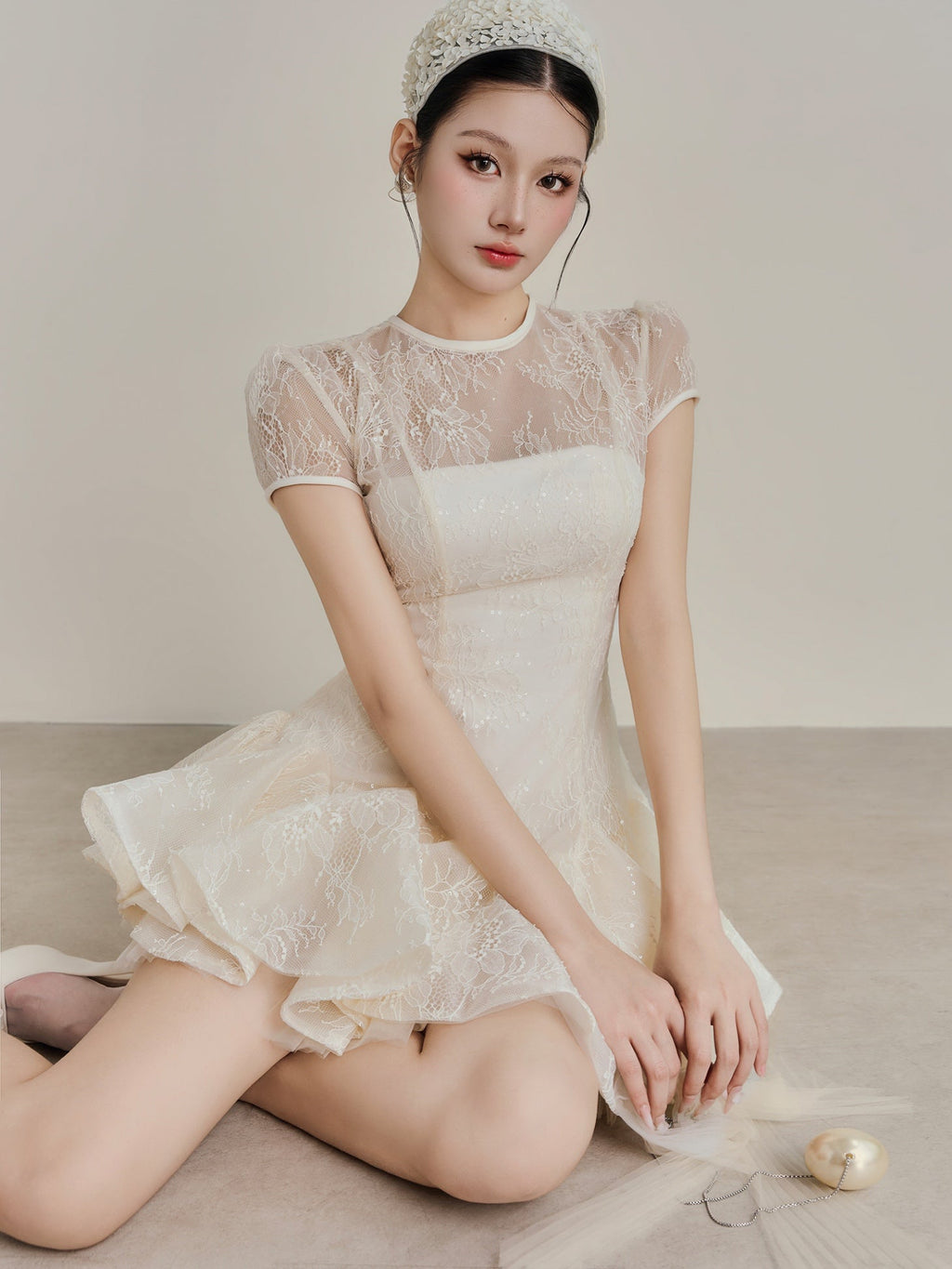 kelly sequin lace puffy mini dress in white