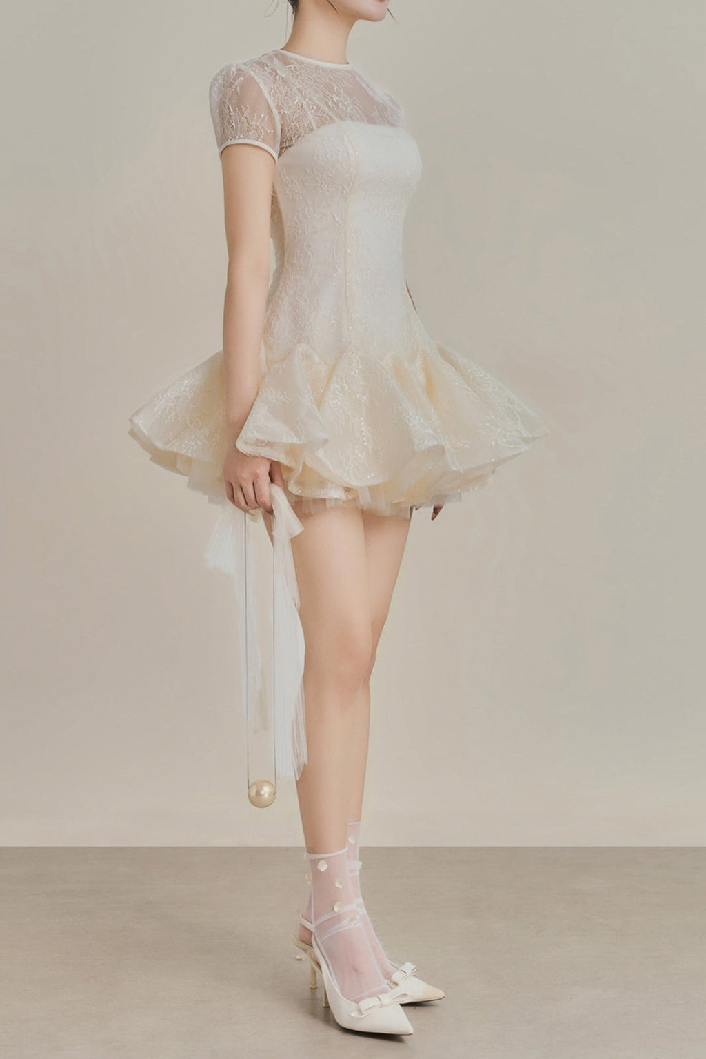 kelly sequin lace puffy mini dress in white