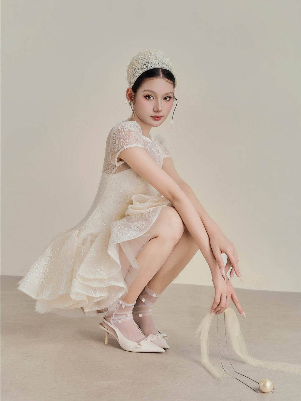 kelly sequin lace puffy mini dress in white