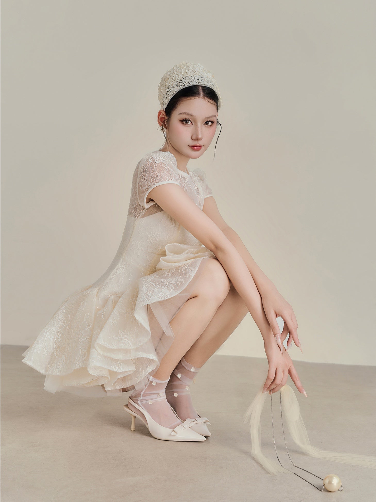 kelly sequin lace puffy mini dress in white