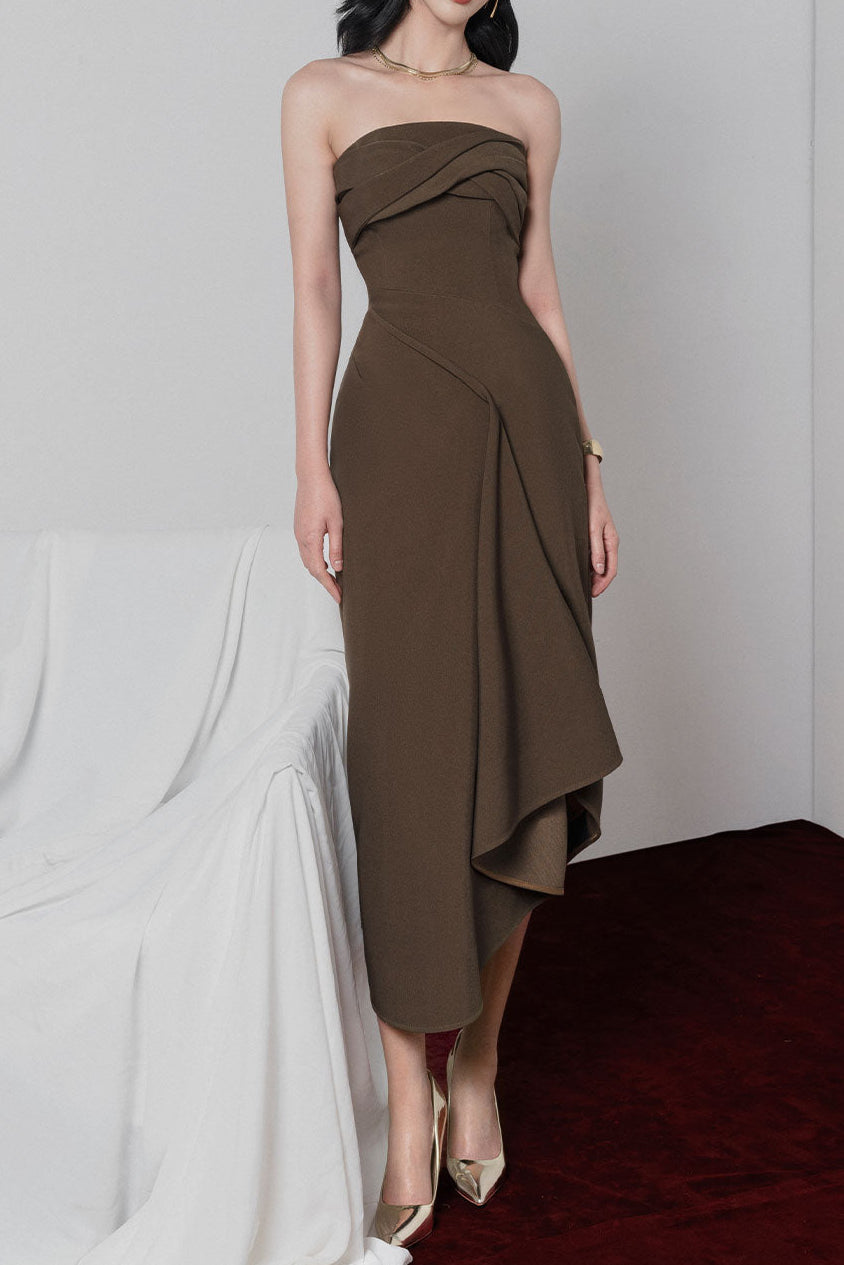 adelaide Strapless Asymmetric Midi Dress in brown