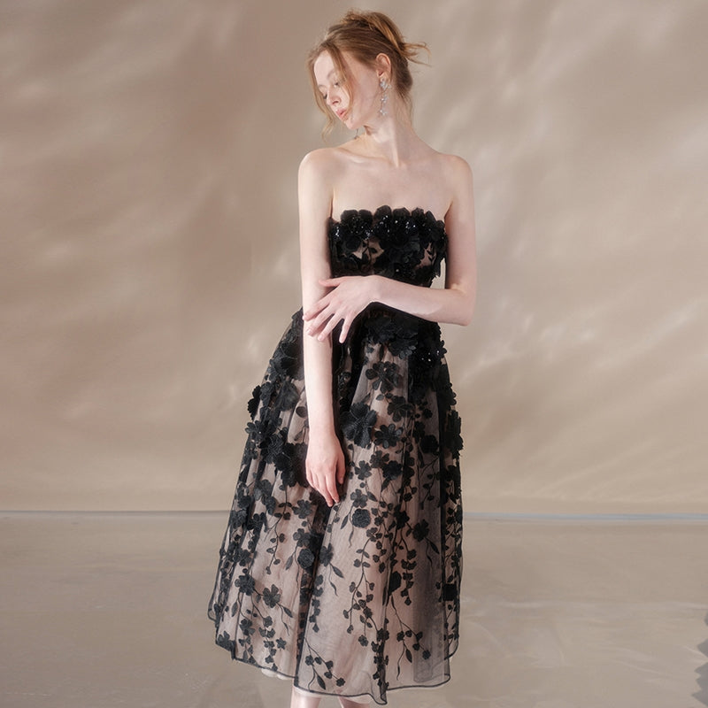 anna crystal floral embroidery midi dress in black