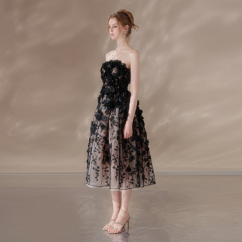 anna crystal floral embroidery midi dress in black