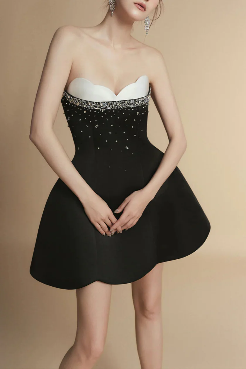 Fit and Flare Semi-Heart Neck Taffeta Mini Dress