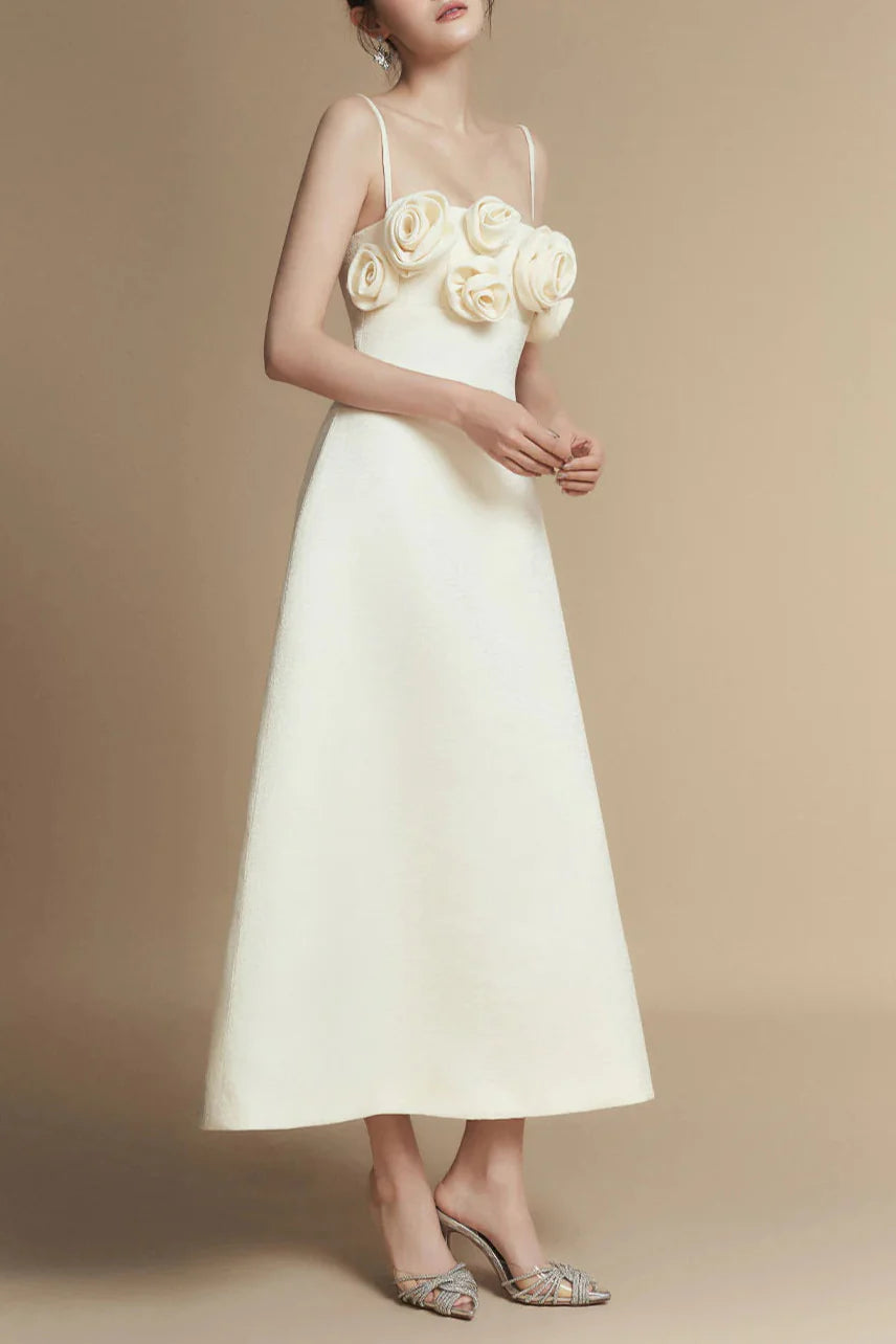 A-line Flower Applique Linen Rayon Midi Dress