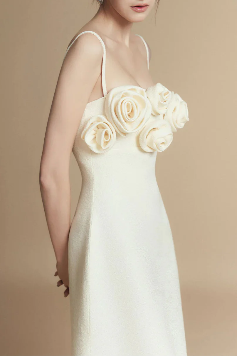 A-line Flower Applique Linen Rayon Midi Dress