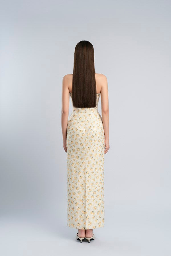 print embroidery maxi dress in beige