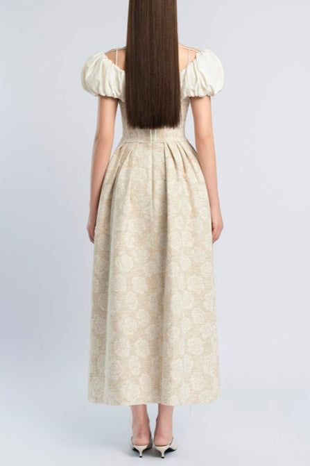 boat neck corset maxi dress in beige
